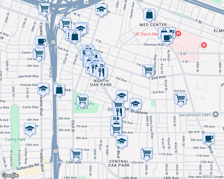 map of restaurants, bars, coffee shops, grocery stores, and more near 3735 4th Avenue in Sacramento