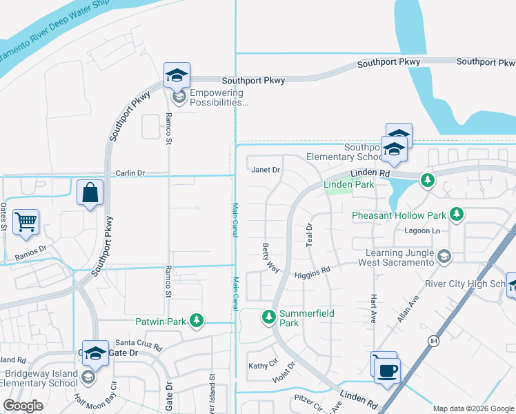 map of restaurants, bars, coffee shops, grocery stores, and more near 2946 Sharon Court in West Sacramento