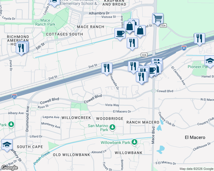 map of restaurants, bars, coffee shops, grocery stores, and more near 4120 Chiles Road in Davis