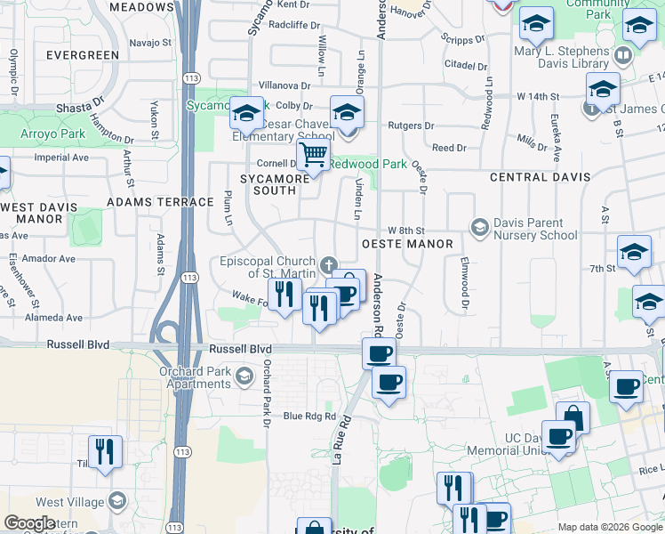 map of restaurants, bars, coffee shops, grocery stores, and more near 770 Mulberry Lane in Davis