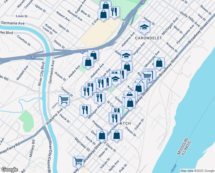 map of restaurants, bars, coffee shops, grocery stores, and more near 7613 Virginia Avenue in St. Louis