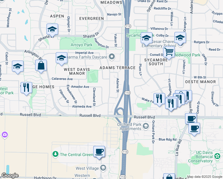 map of restaurants, bars, coffee shops, grocery stores, and more near 646 Arthur Street in Davis