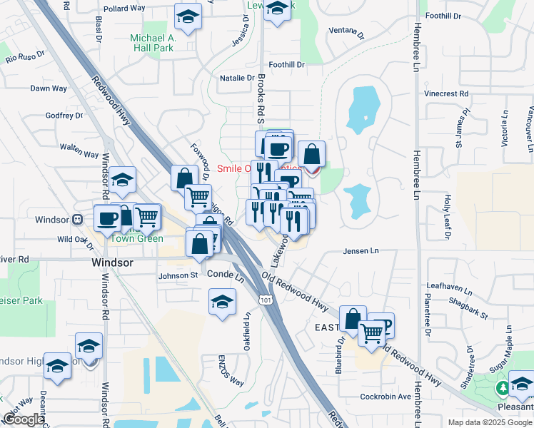 map of restaurants, bars, coffee shops, grocery stores, and more near 9000 Brooks Road South in Windsor
