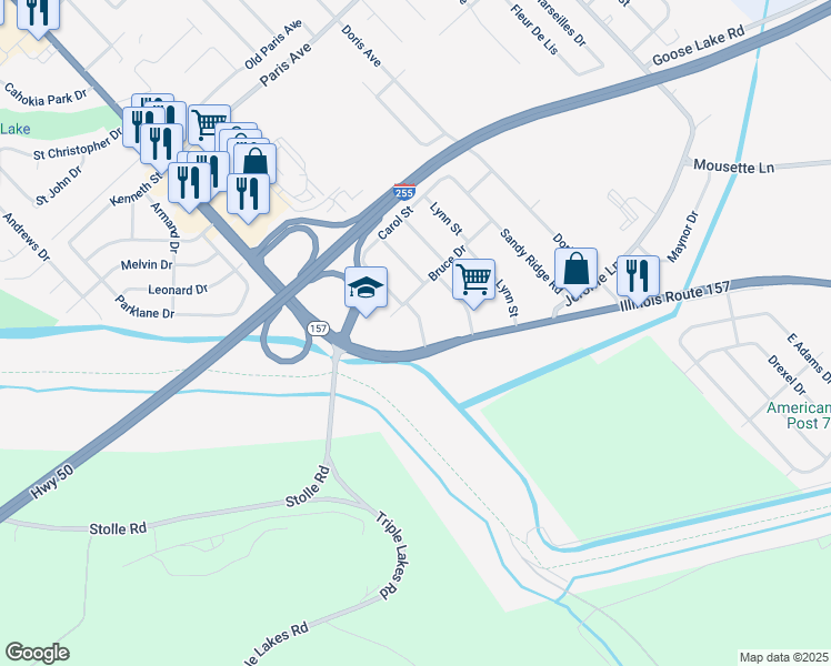 map of restaurants, bars, coffee shops, grocery stores, and more near 2100 Sycamore Avenue in Cahokia