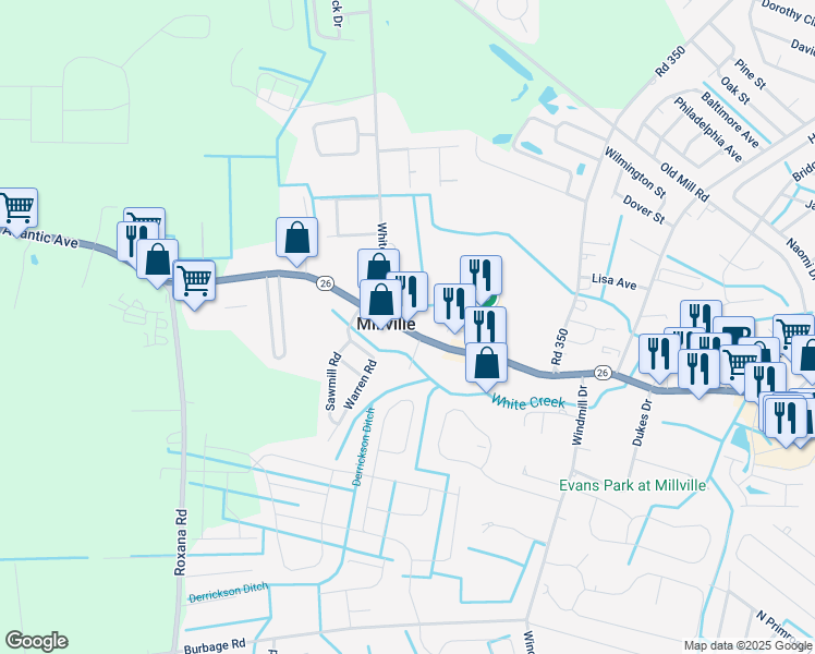 map of restaurants, bars, coffee shops, grocery stores, and more near 35207 Delaware 26 in Millville