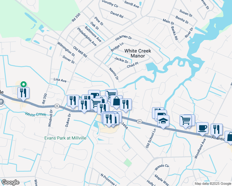 map of restaurants, bars, coffee shops, grocery stores, and more near 29 Pier Point Drive in Millville