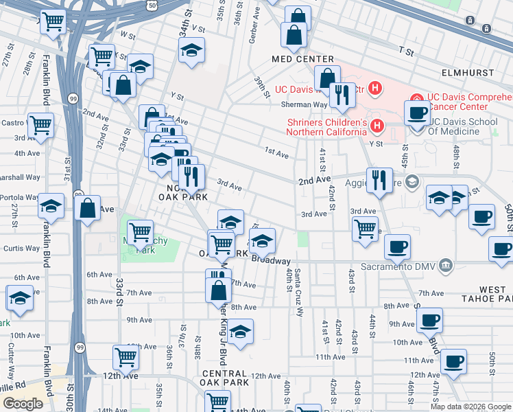 map of restaurants, bars, coffee shops, grocery stores, and more near 3930 3rd Avenue in Sacramento
