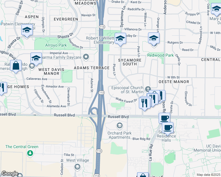 map of restaurants, bars, coffee shops, grocery stores, and more near 1460 Wake Forest Drive in Davis