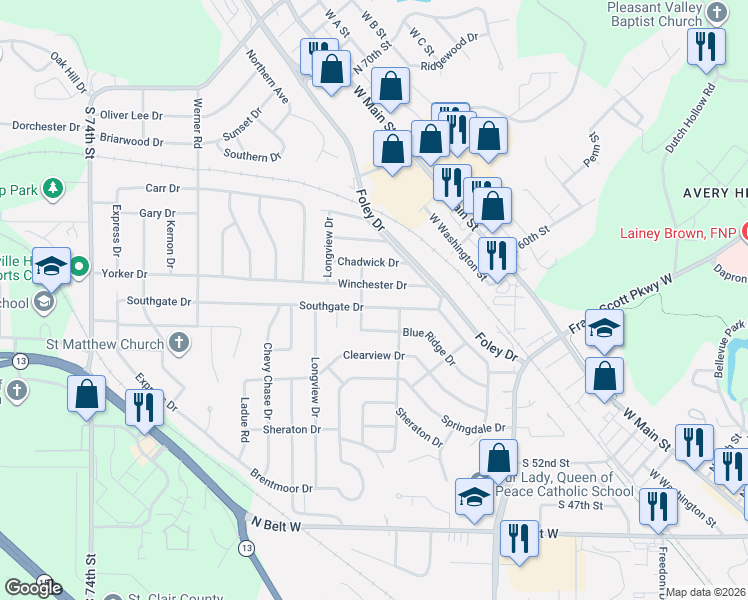 map of restaurants, bars, coffee shops, grocery stores, and more near 34 Winchester Drive in Belleville