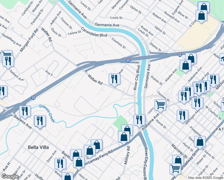 map of restaurants, bars, coffee shops, grocery stores, and more near 3709 Weber Road in St. Louis
