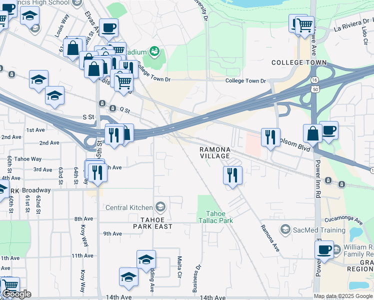 map of restaurants, bars, coffee shops, grocery stores, and more near Lincoln Highway in Sacramento