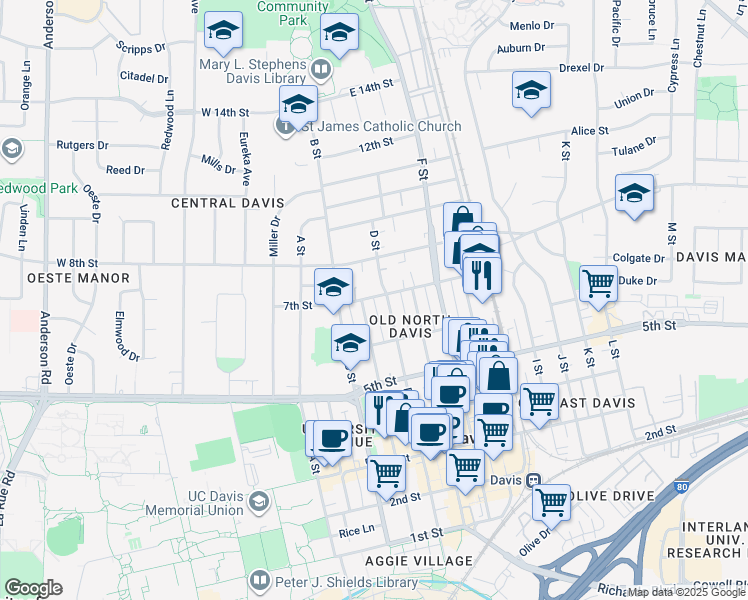 map of restaurants, bars, coffee shops, grocery stores, and more near 408 7th Street in Davis