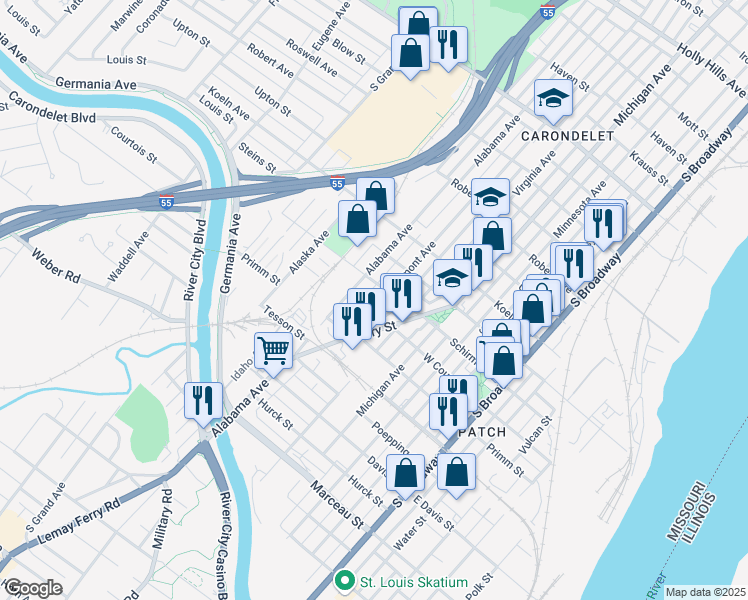 map of restaurants, bars, coffee shops, grocery stores, and more near 7717 Vermont Avenue in St. Louis