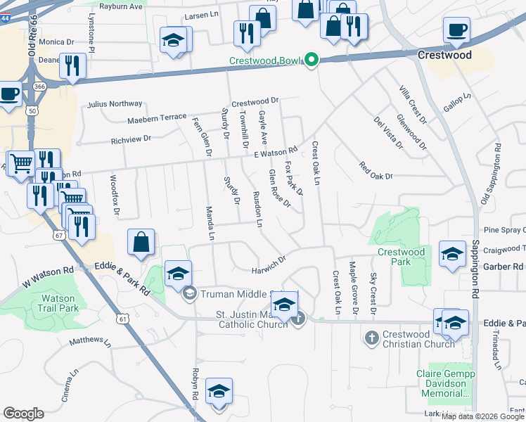 map of restaurants, bars, coffee shops, grocery stores, and more near 8872 Rusdon Lane in St. Louis