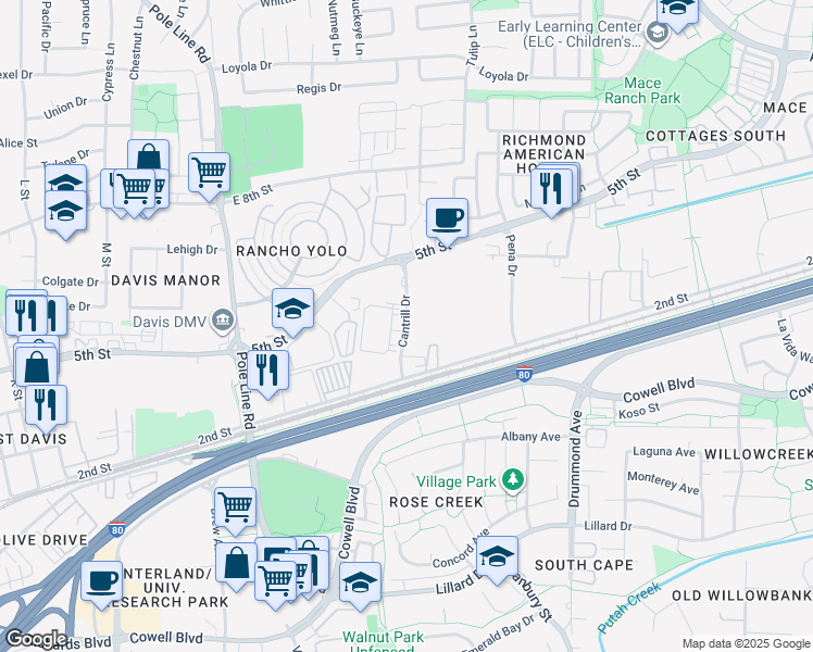 map of restaurants, bars, coffee shops, grocery stores, and more near 675 Cantrill Drive in Davis