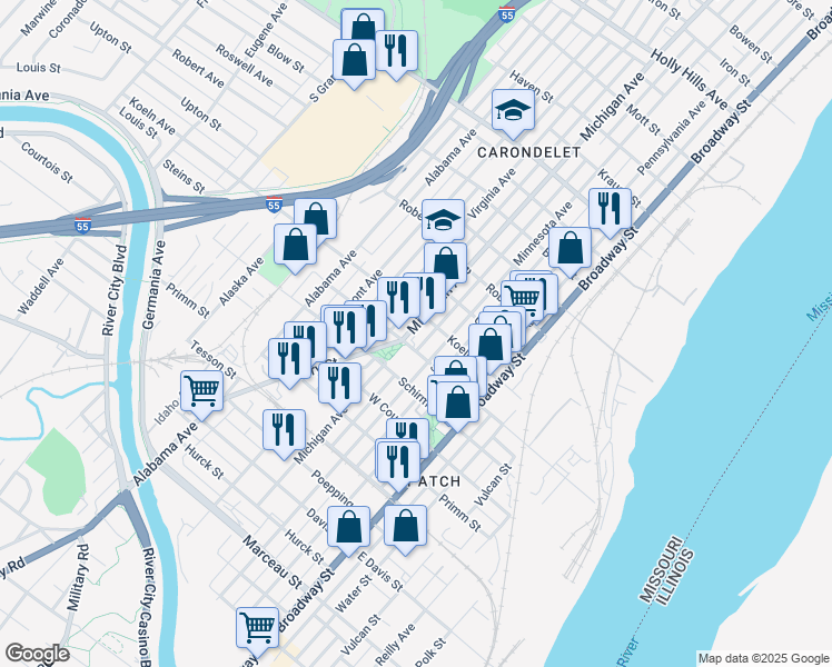 map of restaurants, bars, coffee shops, grocery stores, and more near 7519 Michigan Avenue in St. Louis