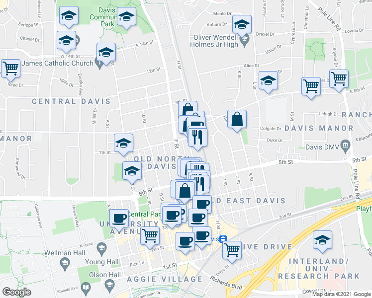 map of restaurants, bars, coffee shops, grocery stores, and more near 627 G Street in Davis