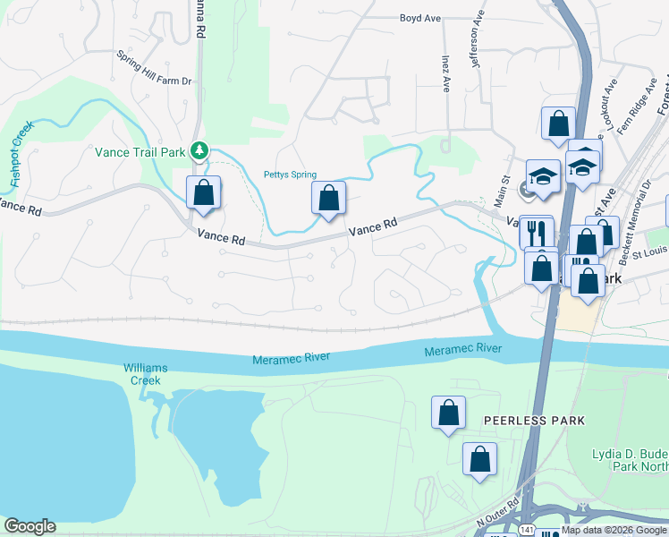 map of restaurants, bars, coffee shops, grocery stores, and more near 1598 Westwind Estates Lane in Valley Park