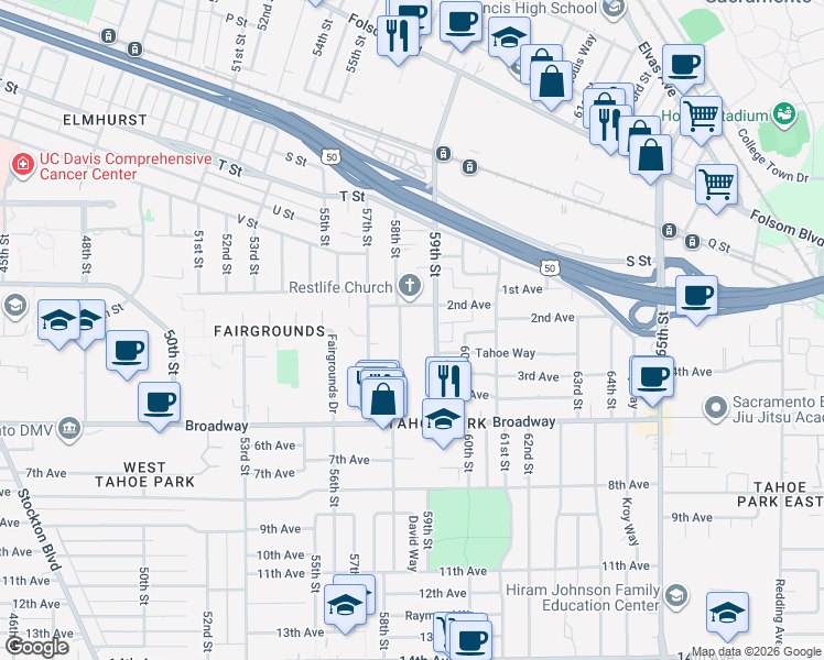 map of restaurants, bars, coffee shops, grocery stores, and more near 2712 59th Street in Sacramento