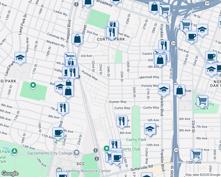 map of restaurants, bars, coffee shops, grocery stores, and more near 2401 Portola Way in Sacramento