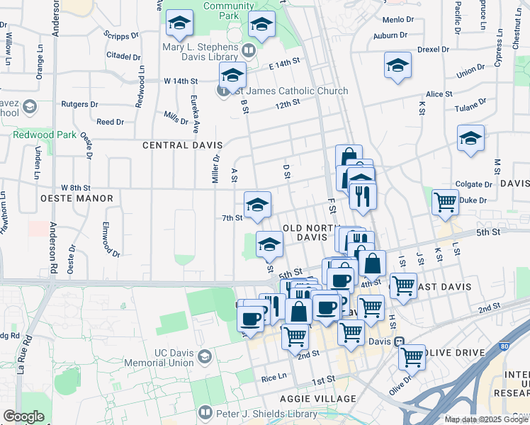 map of restaurants, bars, coffee shops, grocery stores, and more near 301 7th Street in Davis