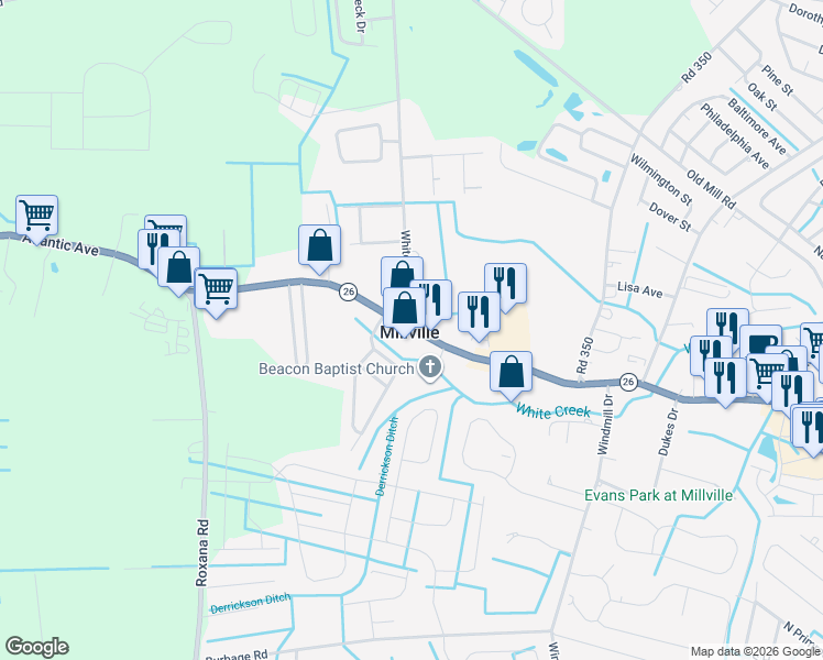 map of restaurants, bars, coffee shops, grocery stores, and more near in Millville