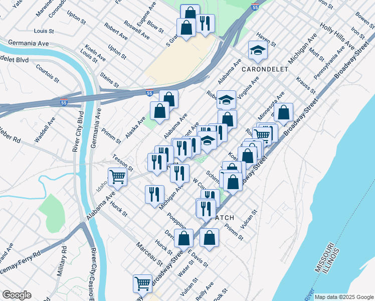 map of restaurants, bars, coffee shops, grocery stores, and more near 7613 Virginia Avenue in St. Louis