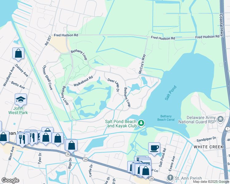 map of restaurants, bars, coffee shops, grocery stores, and more near 31960 Topsail Court in Bethany Beach