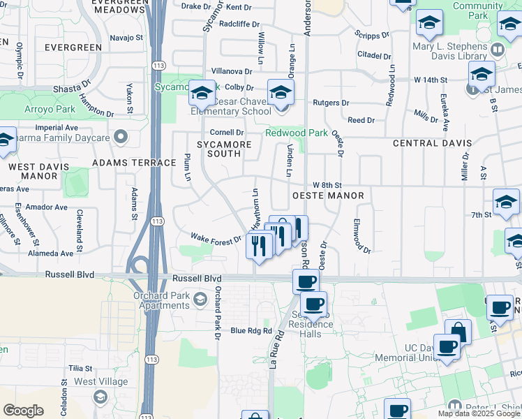 map of restaurants, bars, coffee shops, grocery stores, and more near 728 Hawthorn Lane in Davis