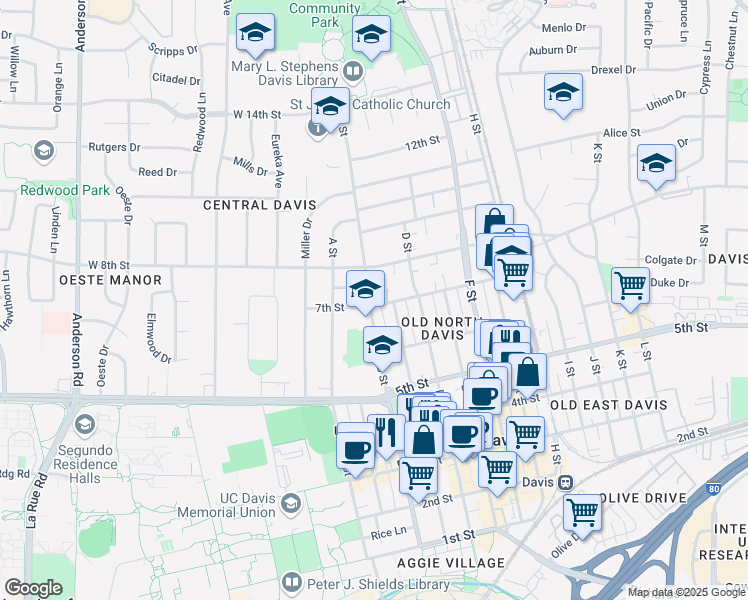 map of restaurants, bars, coffee shops, grocery stores, and more near 301 7th Street in Davis