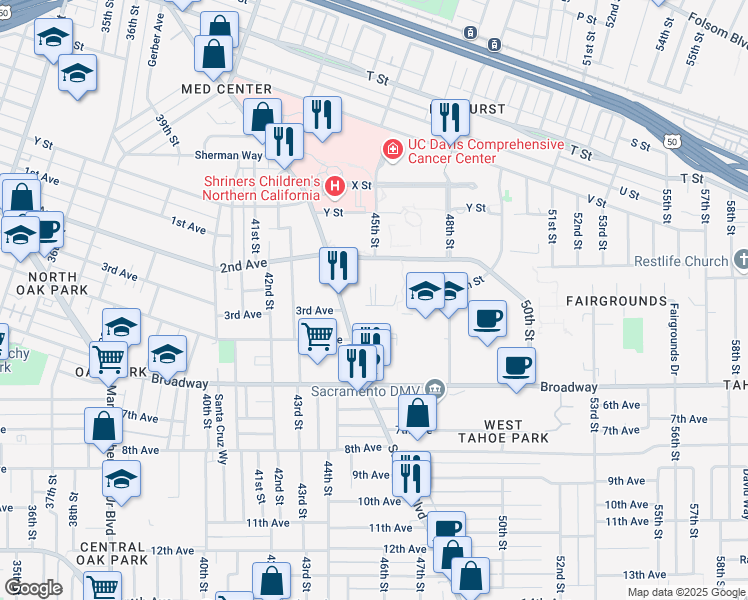 map of restaurants, bars, coffee shops, grocery stores, and more near 2751 Stockton Boulevard in Sacramento