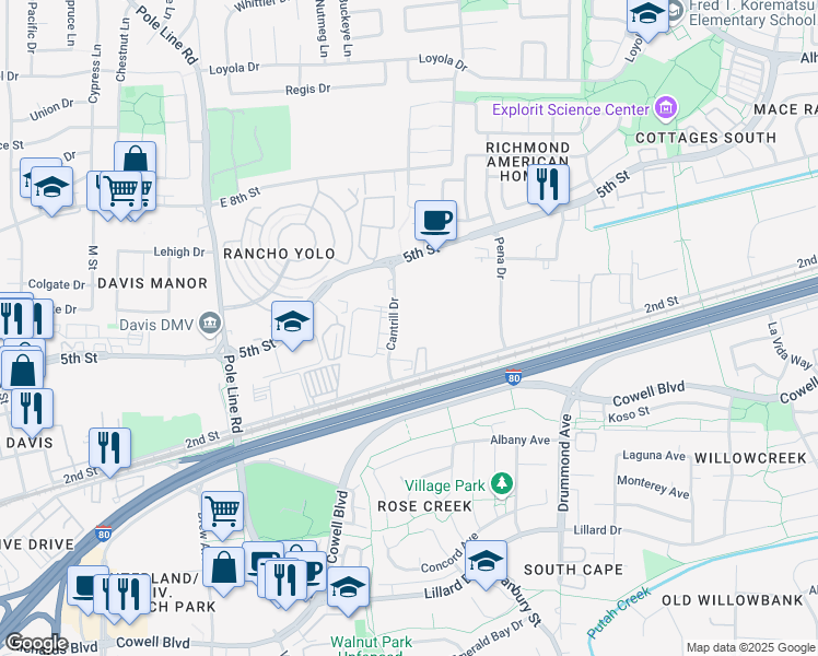 map of restaurants, bars, coffee shops, grocery stores, and more near 638 Cantrill Drive in Davis
