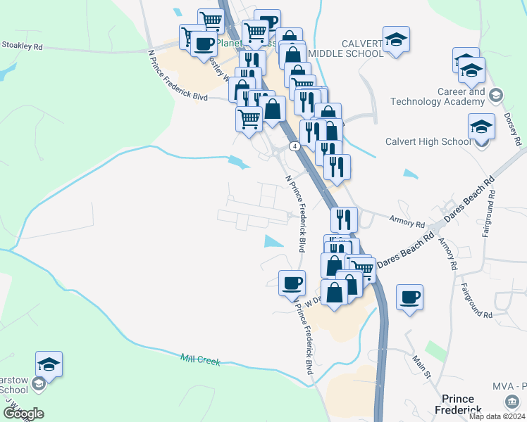 map of restaurants, bars, coffee shops, grocery stores, and more near 266 Cambridge Place in Prince Frederick