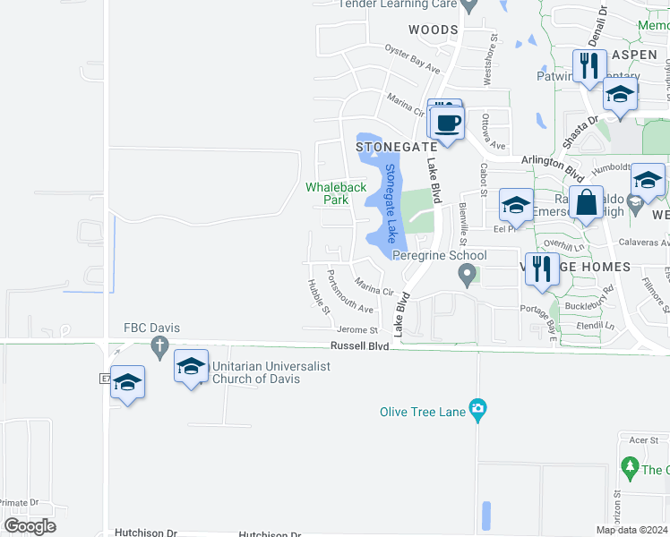 map of restaurants, bars, coffee shops, grocery stores, and more near 3216 Bermuda Avenue in Davis