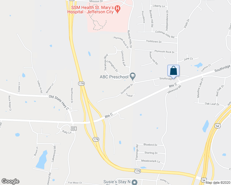 map of restaurants, bars, coffee shops, grocery stores, and more near 2610 Southridge Drive in Jefferson City