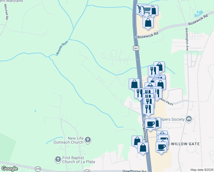 map of restaurants, bars, coffee shops, grocery stores, and more near 9260 Parkway Subdivision Road in La Plata