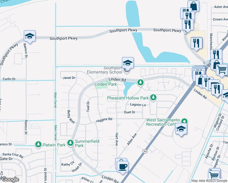 map of restaurants, bars, coffee shops, grocery stores, and more near 2681 Bradford Way in West Sacramento