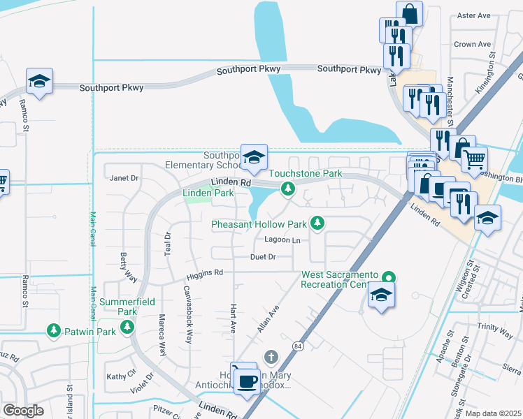 map of restaurants, bars, coffee shops, grocery stores, and more near 2642 Driftwood Court in West Sacramento