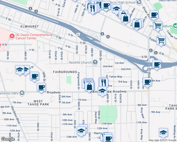 map of restaurants, bars, coffee shops, grocery stores, and more near 5716 2nd Avenue in Sacramento