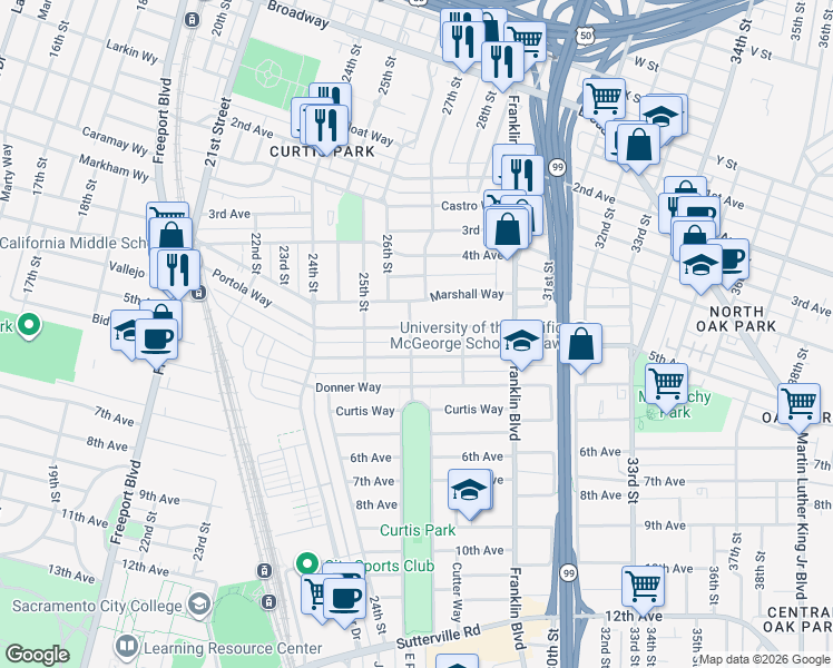 map of restaurants, bars, coffee shops, grocery stores, and more near 2627 Portola Way in Sacramento