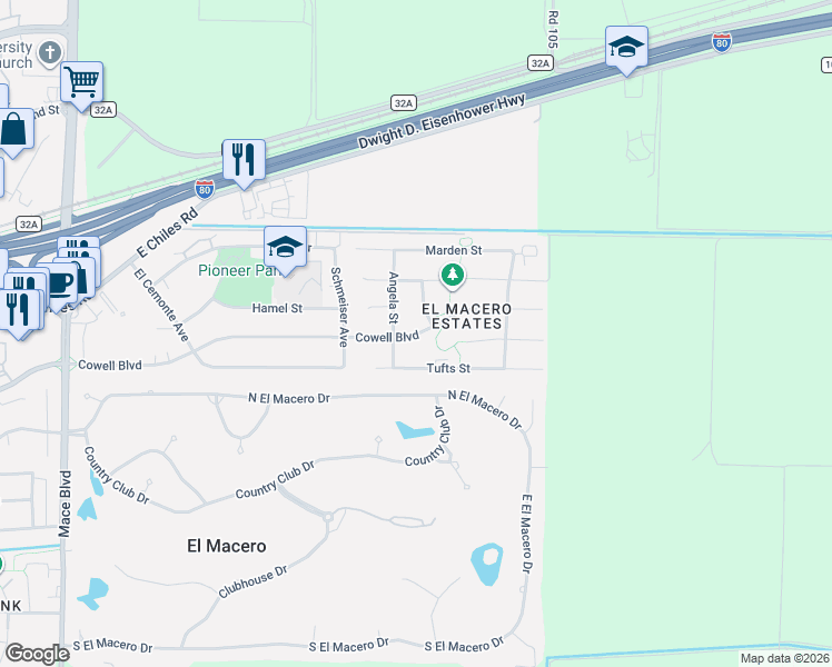 map of restaurants, bars, coffee shops, grocery stores, and more near 512 Angela Street in Davis