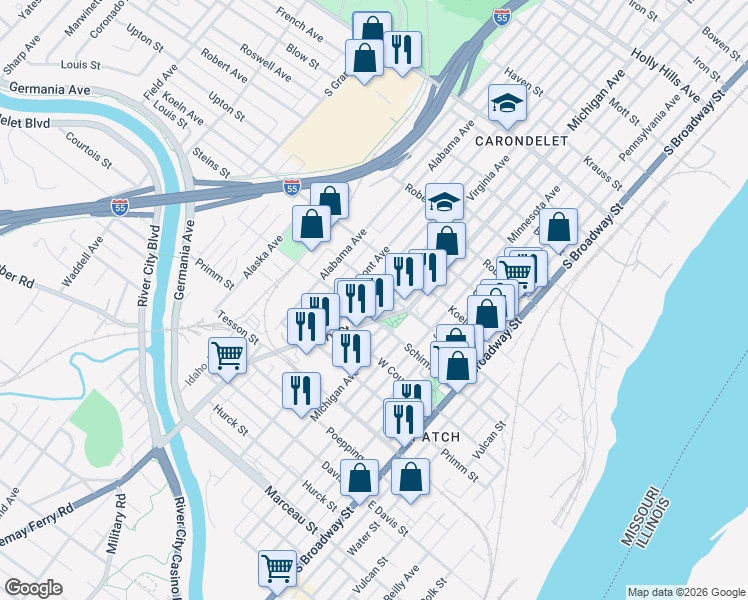 map of restaurants, bars, coffee shops, grocery stores, and more near 7613 Virginia Avenue in St. Louis