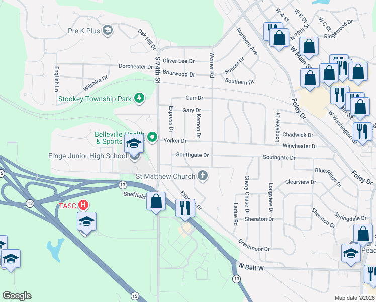 map of restaurants, bars, coffee shops, grocery stores, and more near 7100 Yorker Drive in Belleville