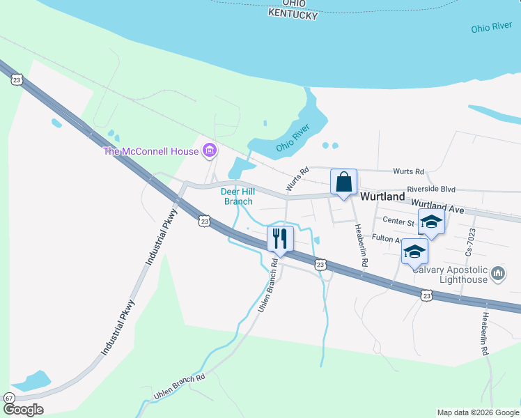 map of restaurants, bars, coffee shops, grocery stores, and more near 199 Maple Ave in Wurtland