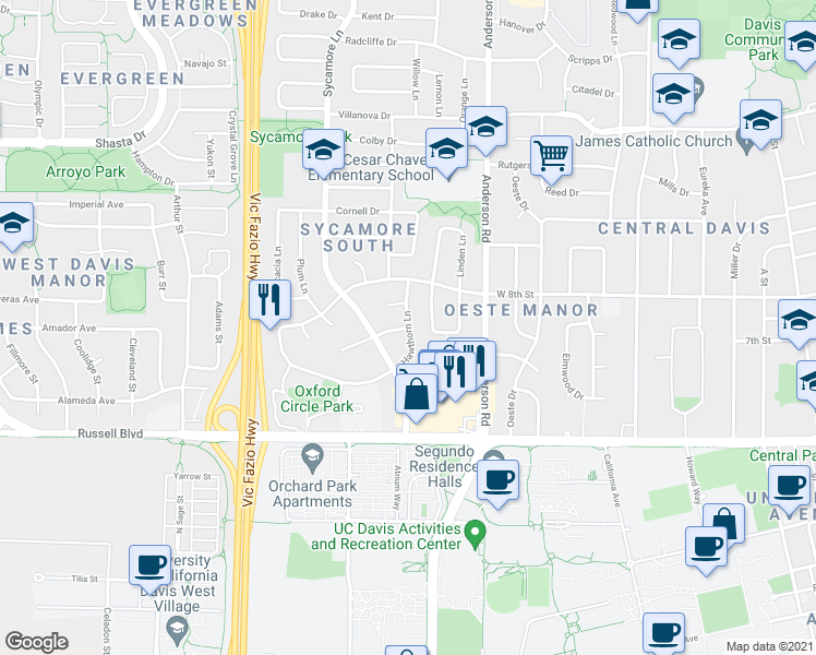 map of restaurants, bars, coffee shops, grocery stores, and more near Hawthorn Lane & Stanford Drive in Davis