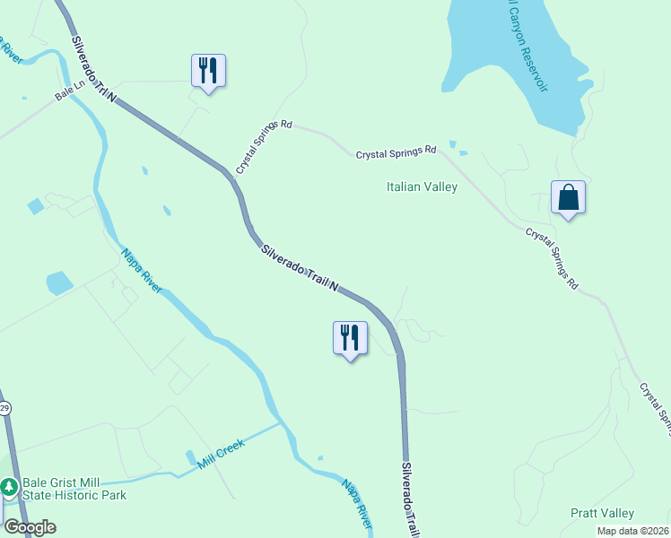 map of restaurants, bars, coffee shops, grocery stores, and more near 3594 Silverado Trail N in St Helena