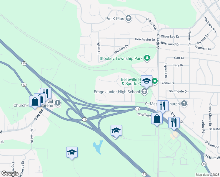 map of restaurants, bars, coffee shops, grocery stores, and more near 33 Huntington Drive in Belleville