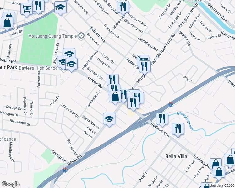map of restaurants, bars, coffee shops, grocery stores, and more near 4325 Weber Road in St. Louis
