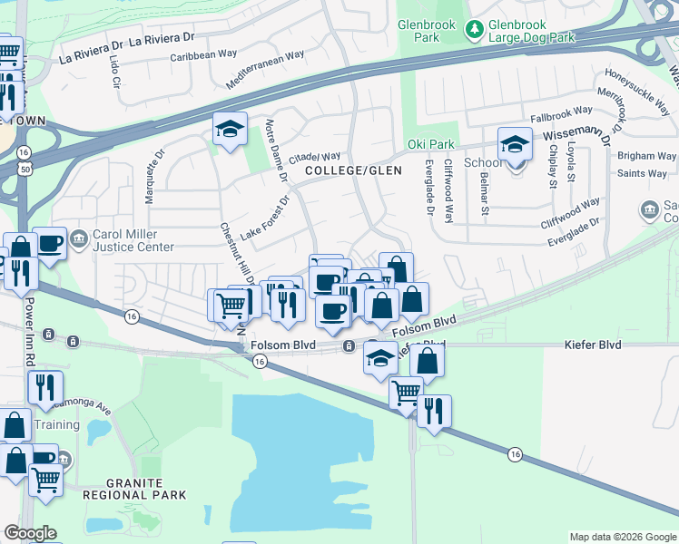 map of restaurants, bars, coffee shops, grocery stores, and more near 3012 Julliard Drive in Sacramento