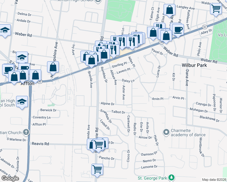 map of restaurants, bars, coffee shops, grocery stores, and more near 9315 Althea Avenue in Affton